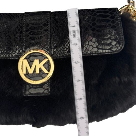 Michael Kors Black Python Embossed Leather &‎ Rabbit Fur Fulton Shoulder Bag - Picture 9 of 10